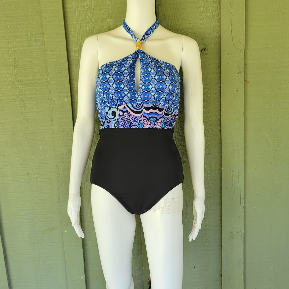 JANTZEN Blue Print Halter Top Swimsuit One Piece 8
